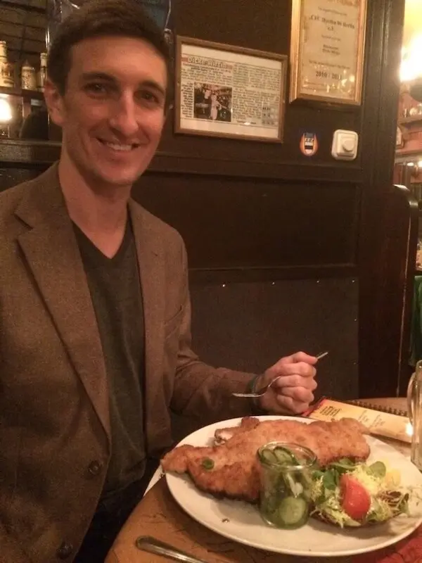 Me with schnitzel in the Dicke Wirtin restaurant