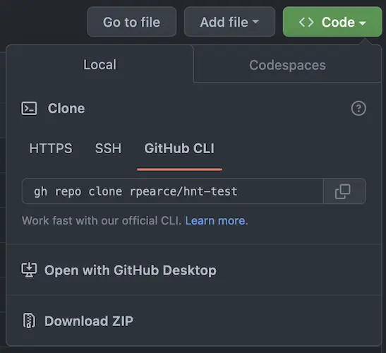 GitHub's code cloning menu