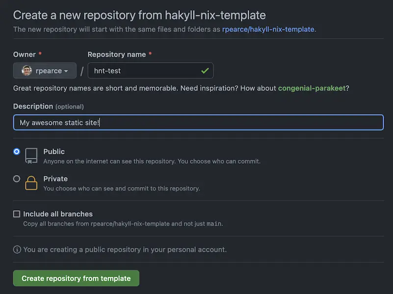 GitHub form for creating a new repository from a template
